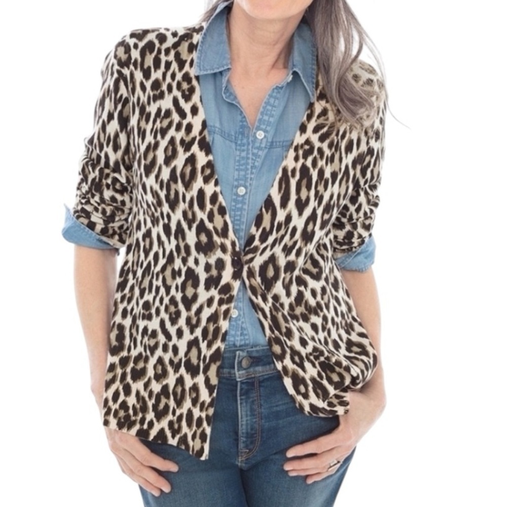 Chico's Reena Leopard Print Linen Blend V Neck Cardigan Sweater